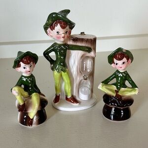 Vtg  Enesco Elf Pixie Helpful Kitchen set salt pepper timer mushroom Japan READ